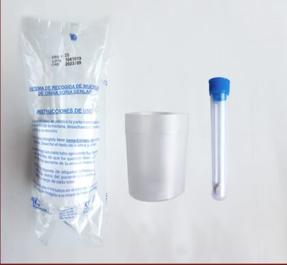 Conjunto recogida orina con Tubo 16x100 cónico comprimido estabilizador y tapón azul