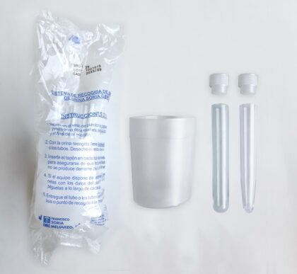 Conjunto recogida orina con 2 Tubos 16x100 cónico y redondo, 2 tapones blancos.